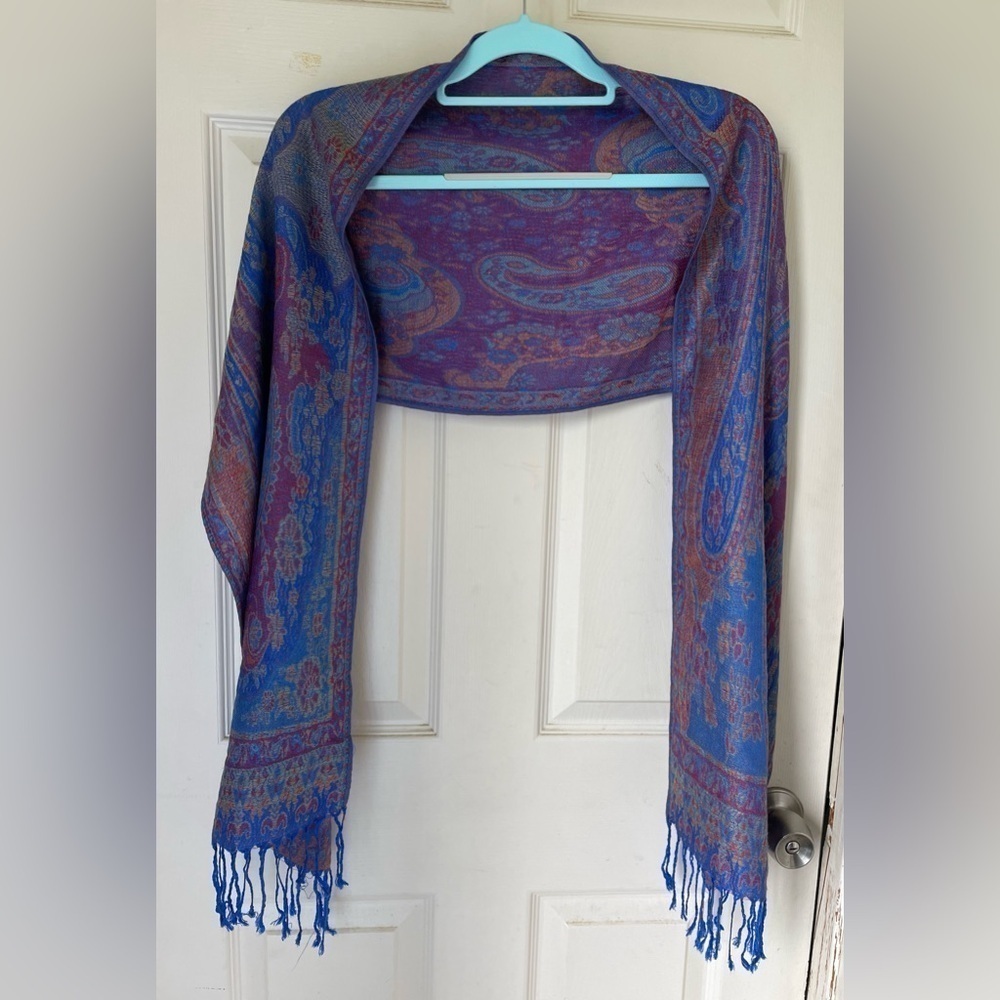 Vibrant Purple Blue Paisley Floral Pashmina Silk Wrap Scarf